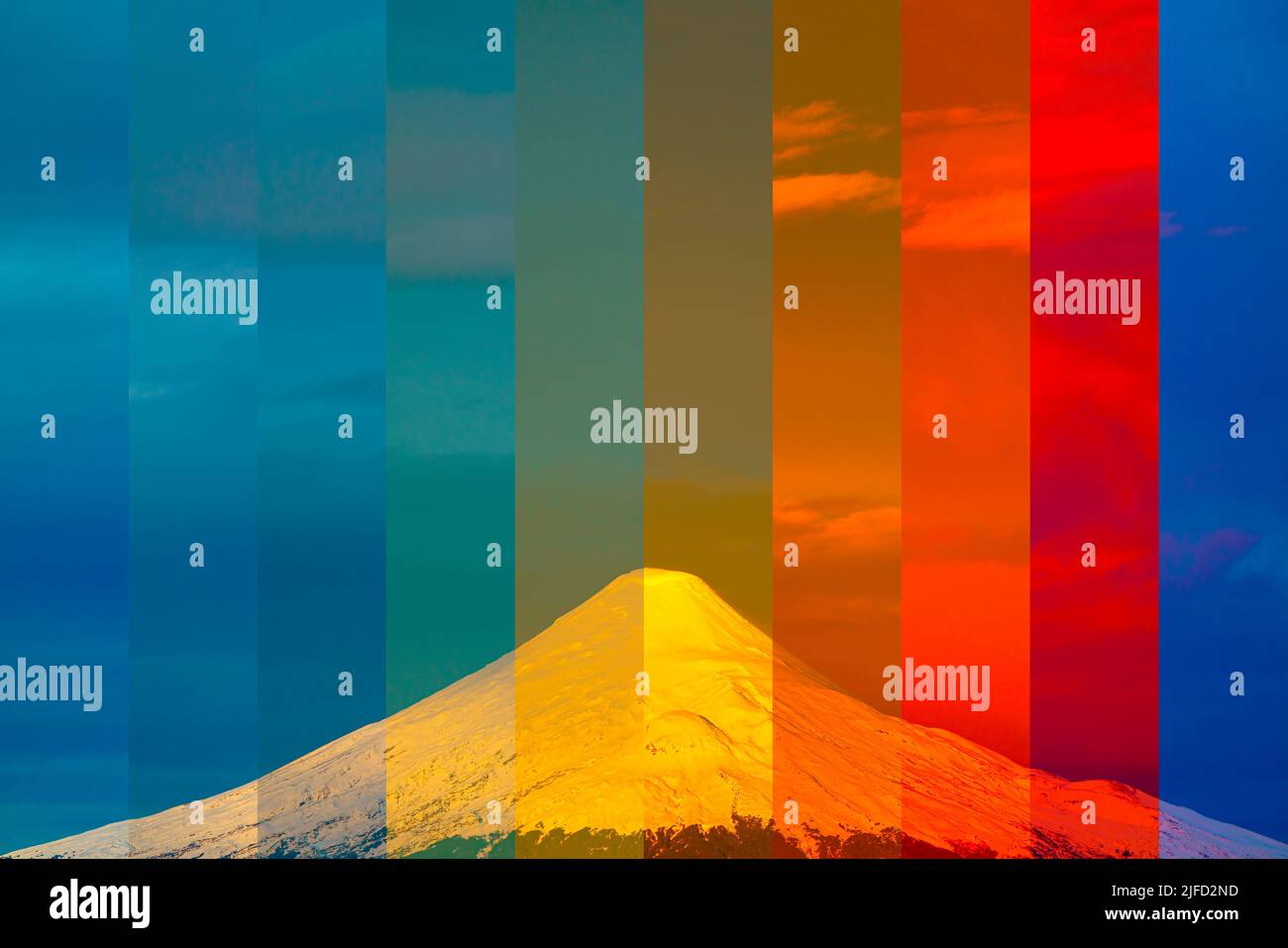 snowy summit of the Osorno volcano. each color bar represents the colors of the sunset, from the golden hour to the blue hour Stock Photo