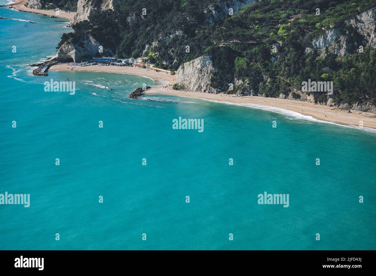 An aerial view of sandy beach surrounded by growing dense trees and ...