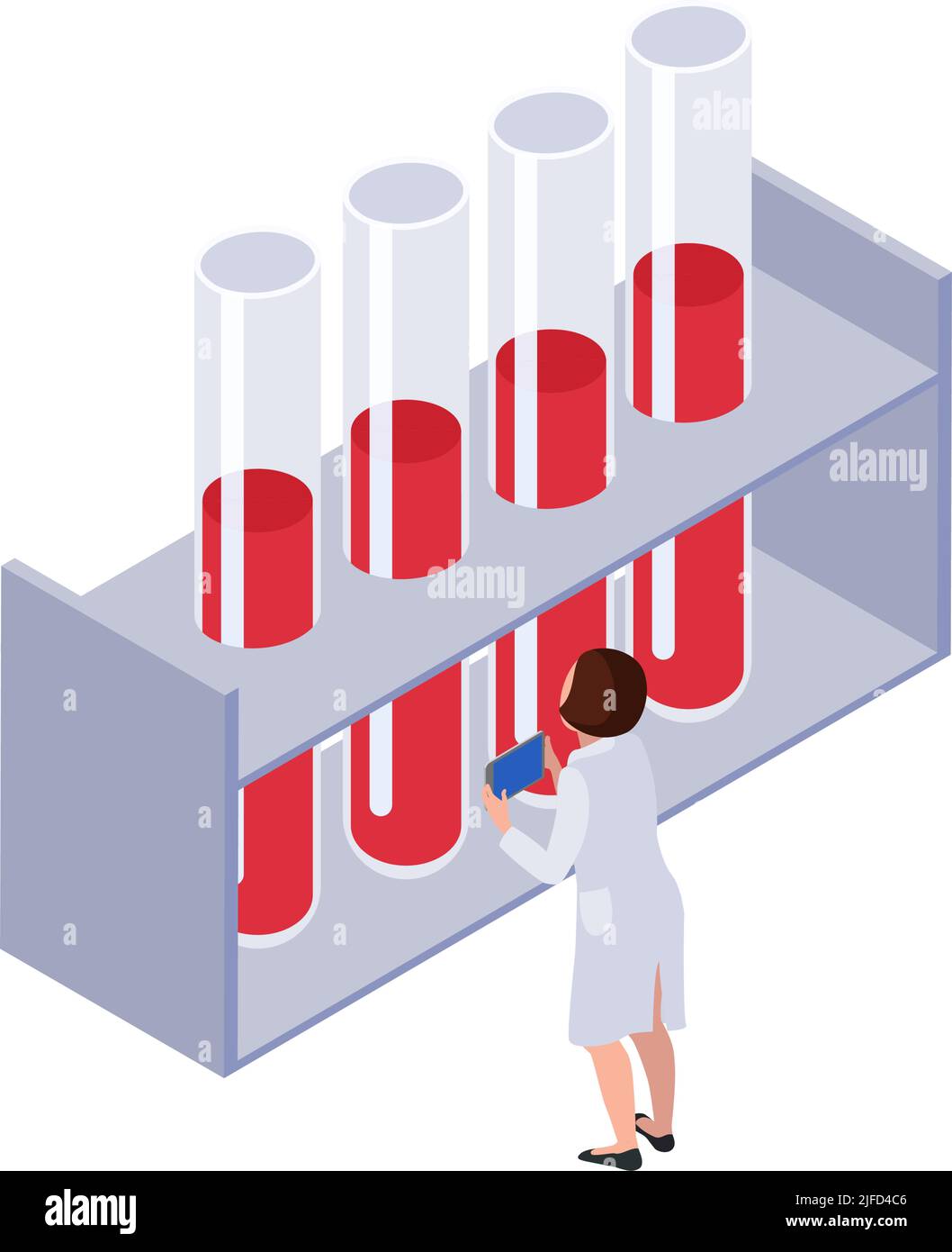 Future technology isometric icon with female character and laboratory tubes with blood 3d vector illustration Stock Vector