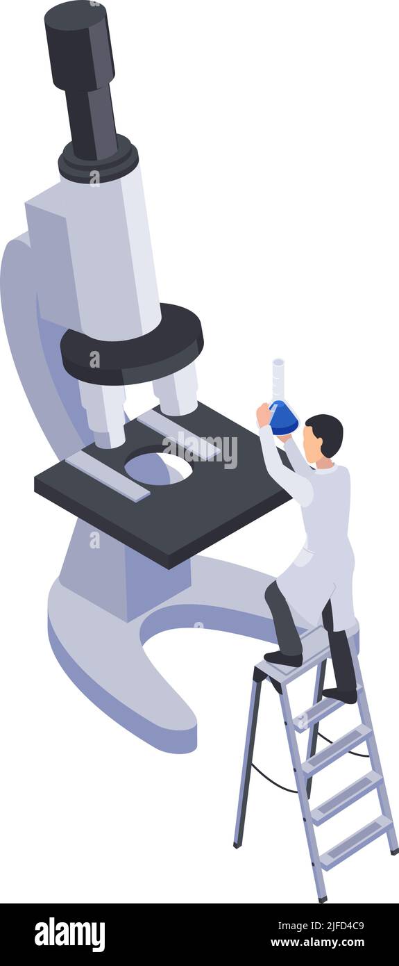 Future technology isometric icon with microscope and tiny character holding laboratory flask vector illustration Stock Vector