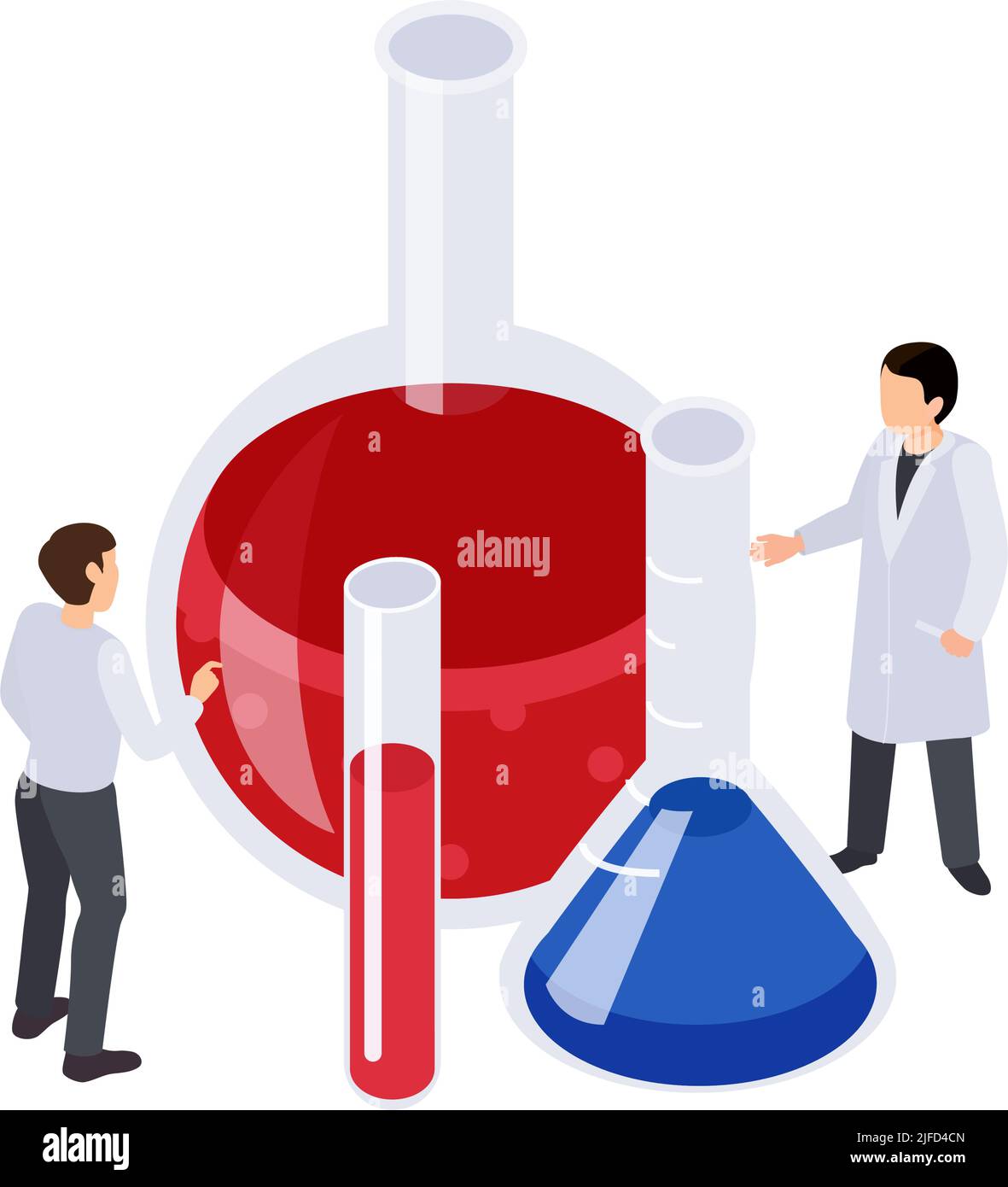 Future technology isometric icon with researchers and laboratory flasks ...