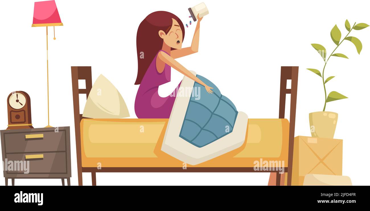 Woman taking sleeping pills in bed flat vector illustration Stock Vector