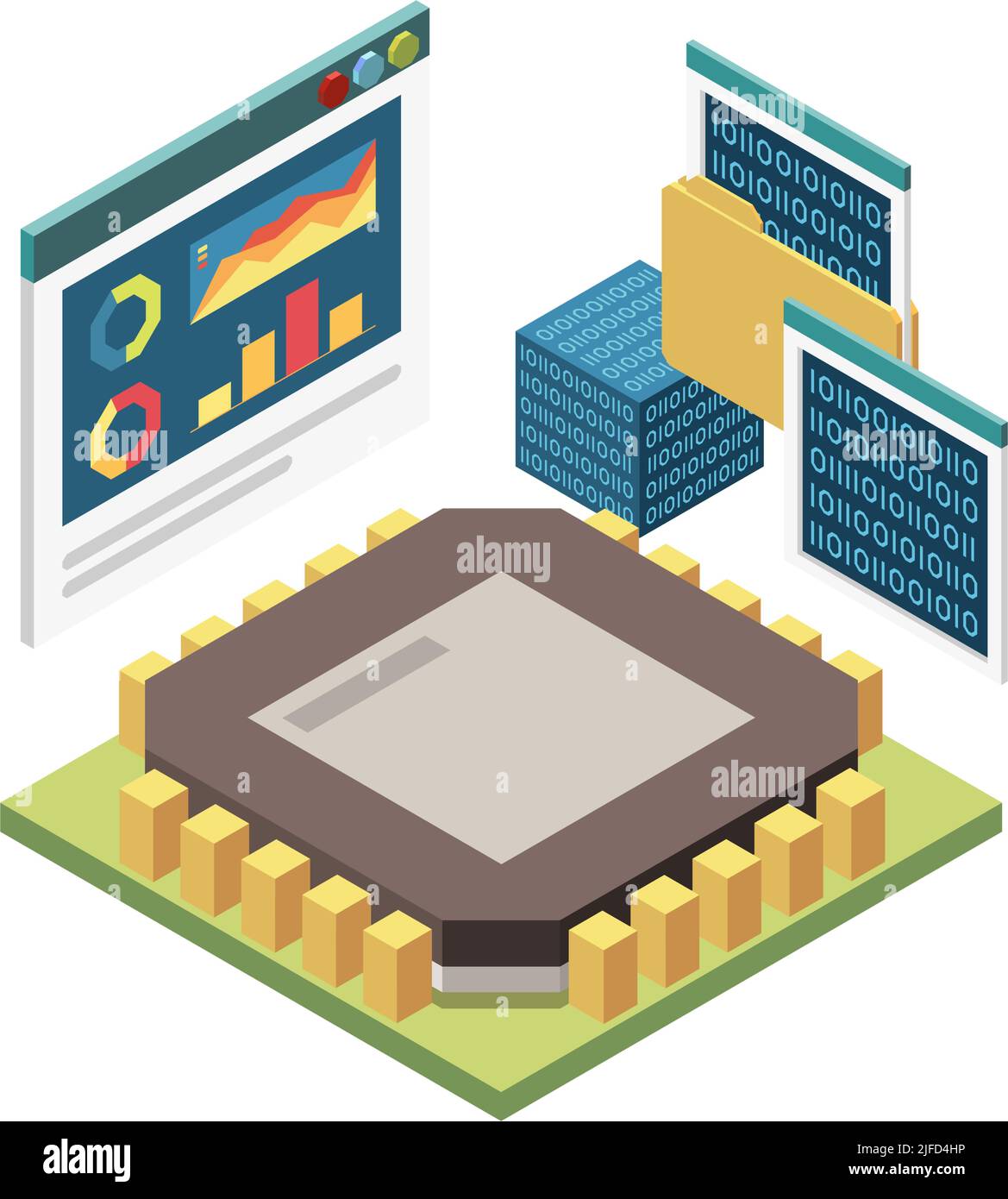 Stem education isometric concept icons composition with image of microchip with binary code screens vector illustration Stock Vector