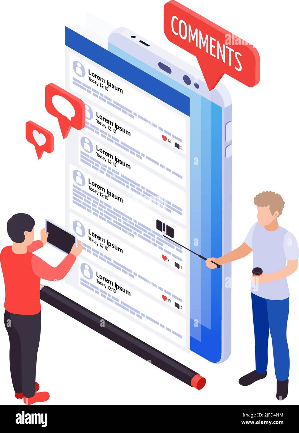 Isometric blogging icon with post comments on smartphone screen 3d vector illustration Stock Vector