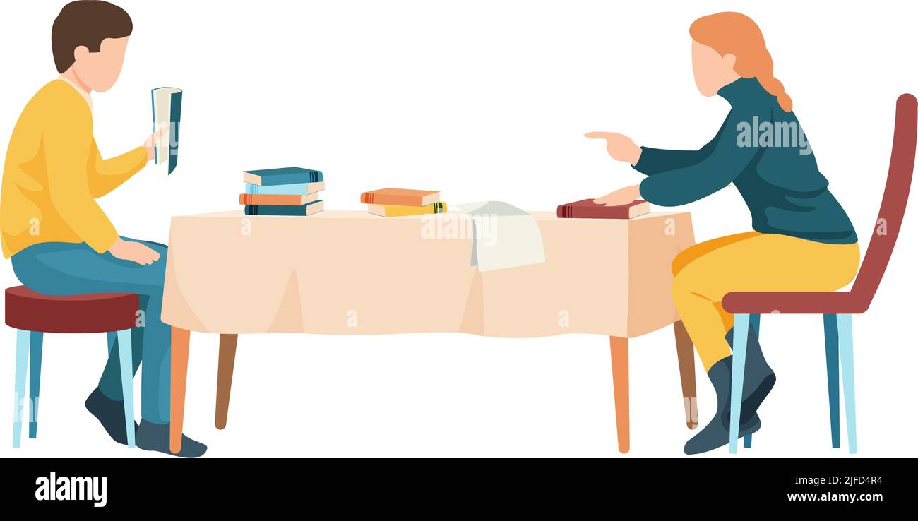 Two students with books and papers preparing for exam at dinner table flat vector illustration Stock Vector