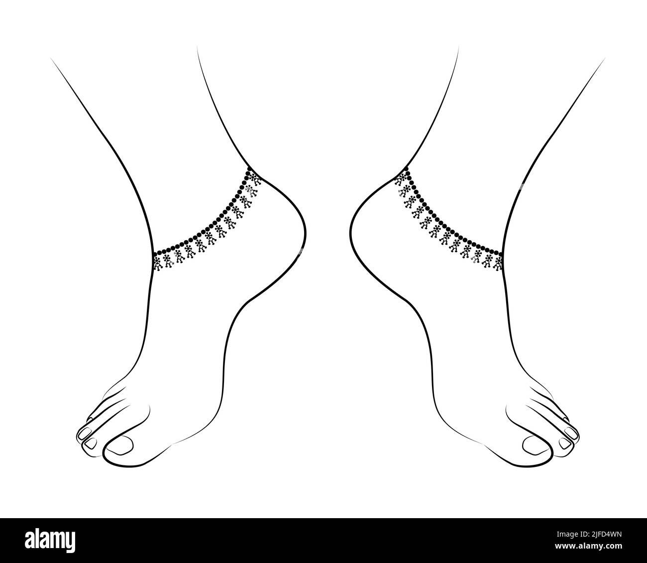 Beautiful Woman Feet line drawing with Anklet isolated on white background - vector illustration Stock Vector