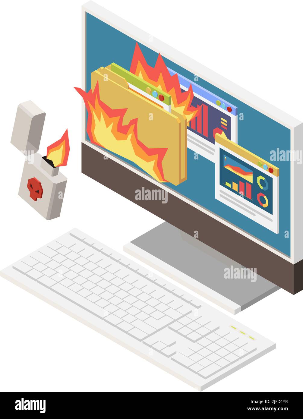 Isometric digital crime icon with lighter burning personal information on computer vector illustration Stock Vector