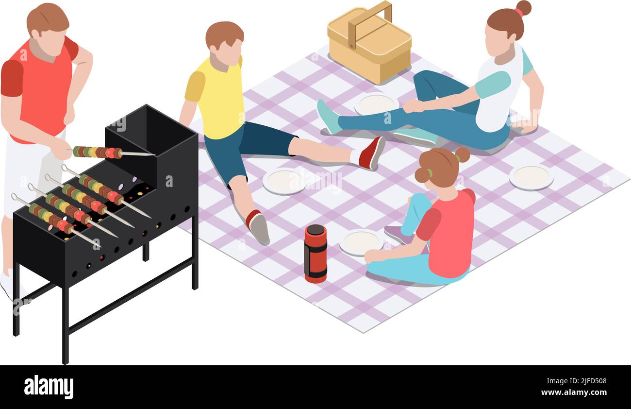 Family having picnic barbecue cooking food outdoors 3d isometric vector ...