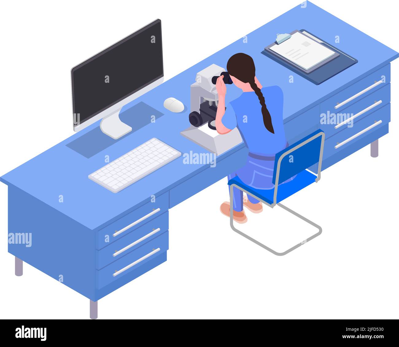 Woman working with microscope in science laboratory isometric vector illustration Stock Vector