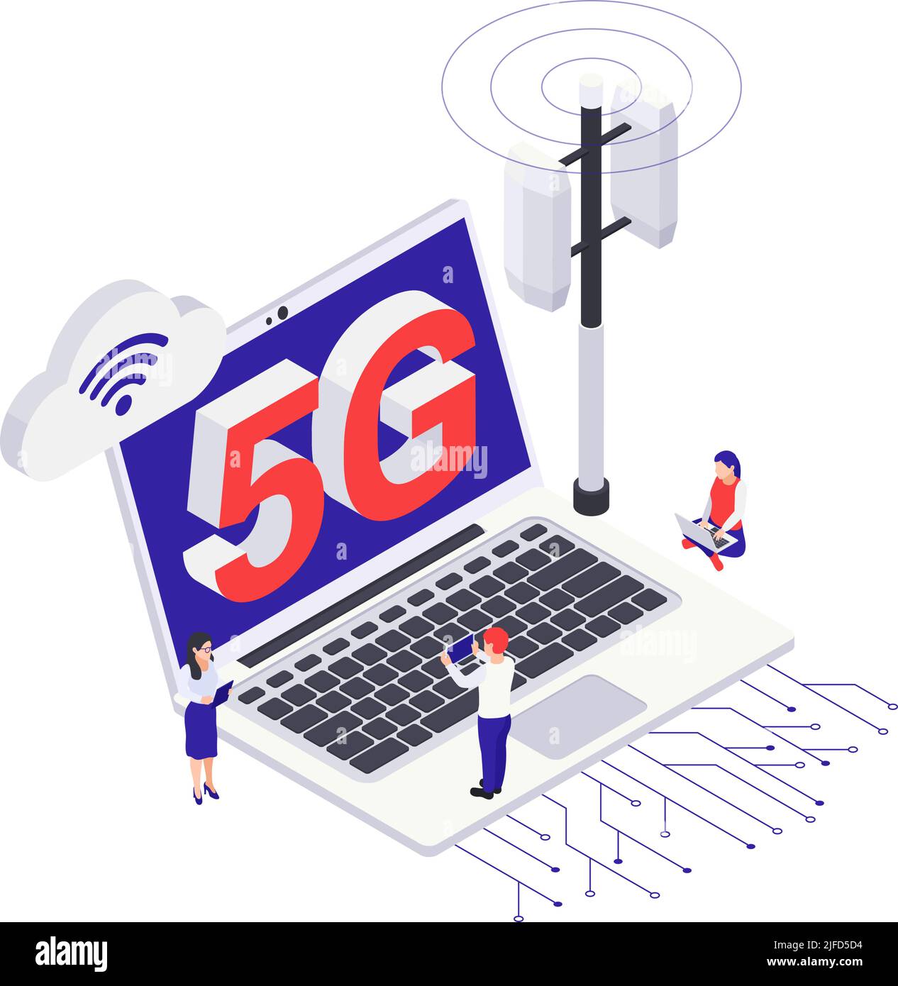 Isometric 5g internet icon with laptop transmitter tower and human characters 3d vector illustration Stock Vector