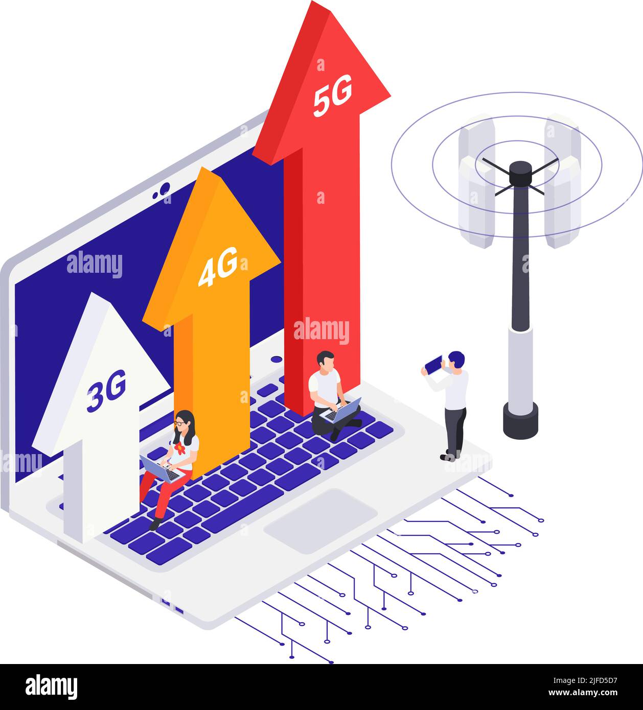 Isometric concept with laptop and people using fast 5g vector