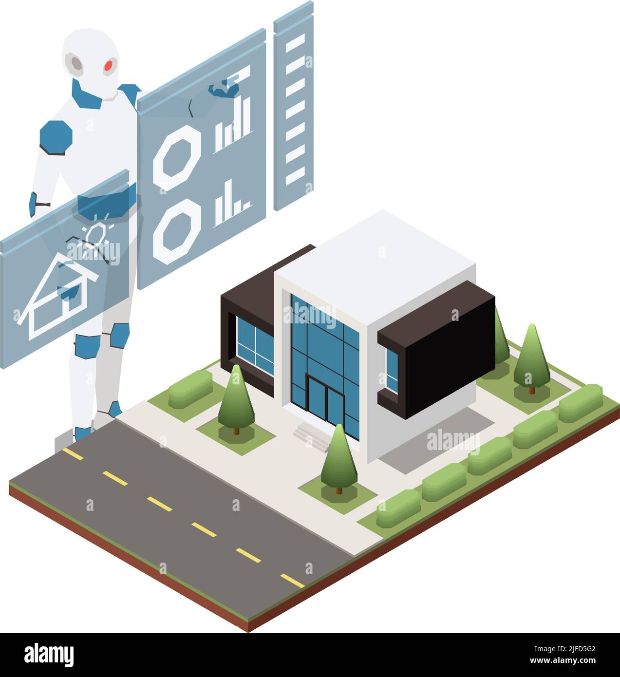Artificial intelligence concept with robot and modern private house isometric vector illustration Stock Vector