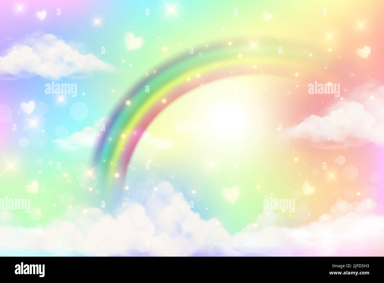 Abstract rainbow background with clouds and stars on sky. Fantasy pastel color unicorn wallpaper. Cute landscape. Vector illustration. Stock Vector