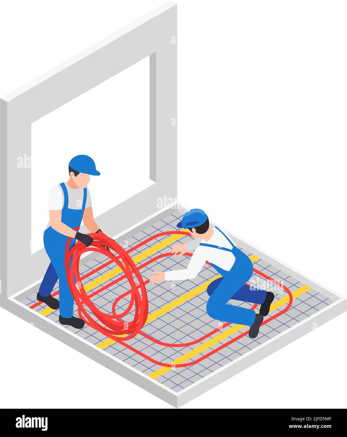 Renovation repair works isometric composition with two workers reeling ...