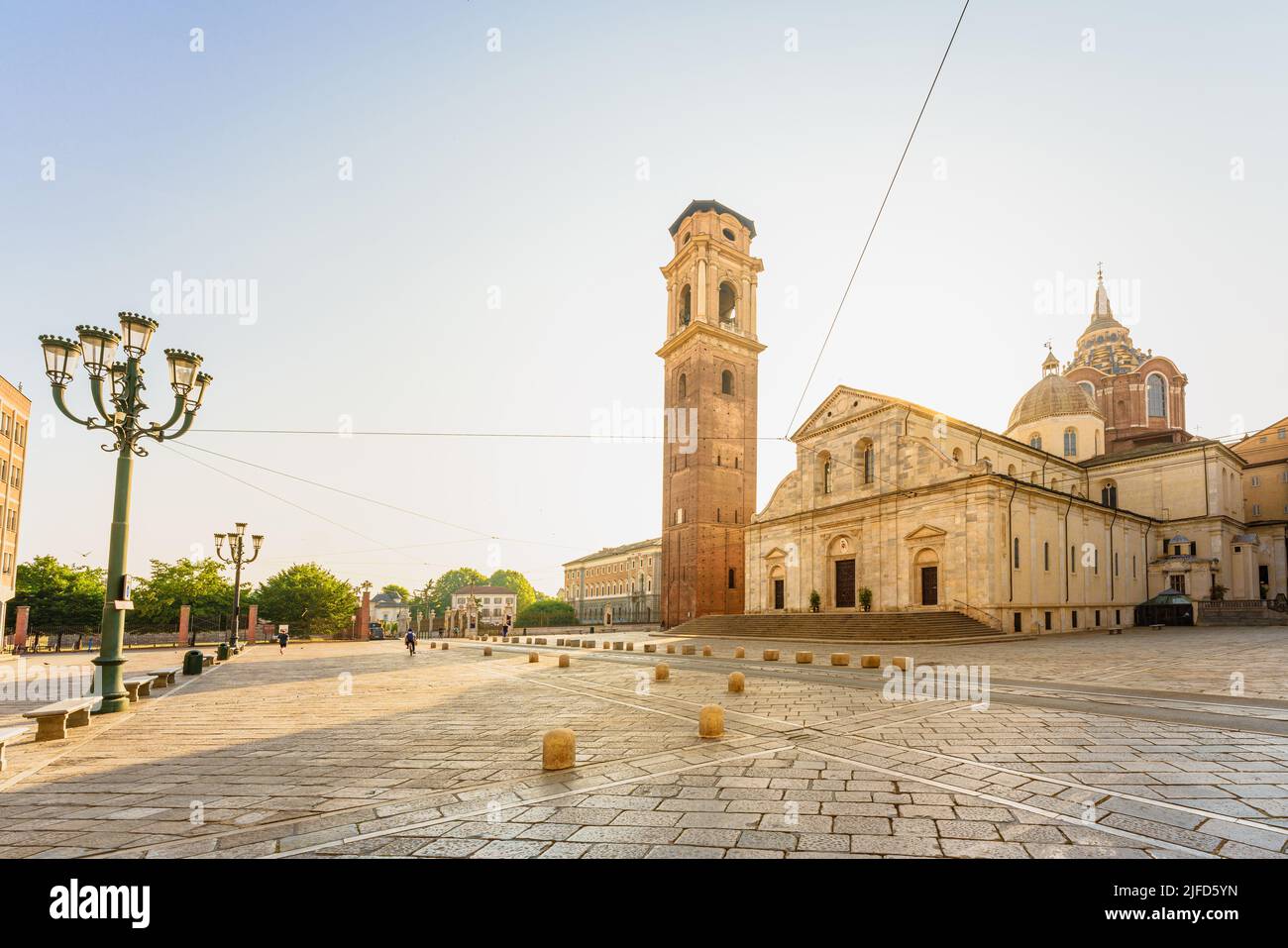 Turin Cathedral with a historic steeple and home to the famous Holy Shroud Stock Photo