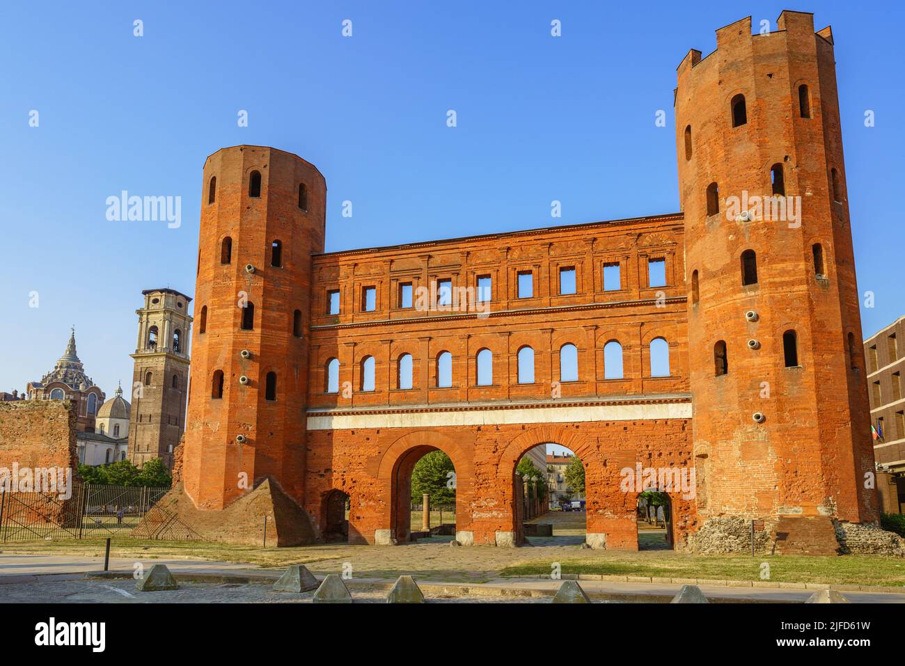 The Palatine Gate is a Roman Age landmark located in Turin, Italy Stock Photo