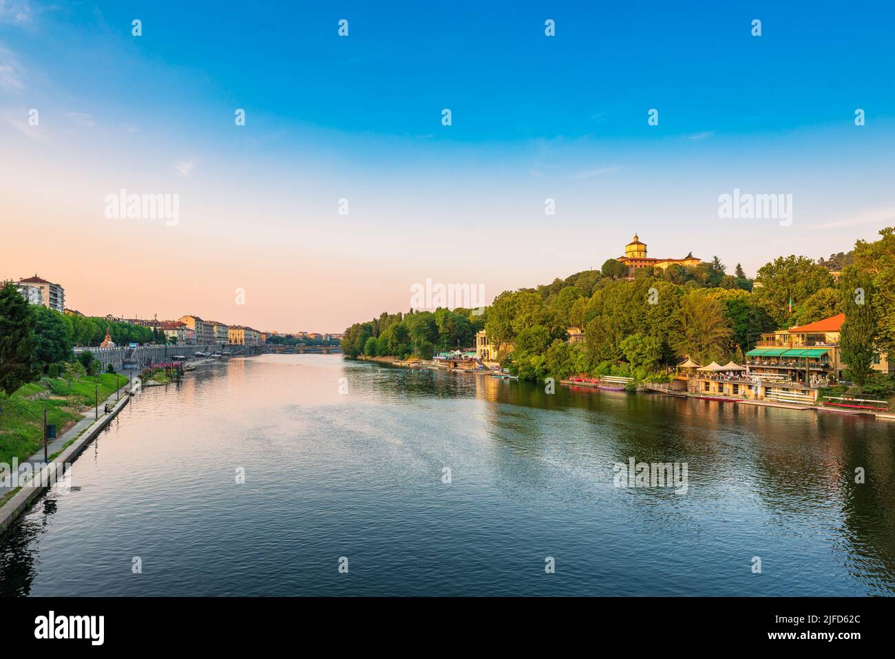 Scenic view of the Po River in Turin Torino Italy at dusk Stock Photo