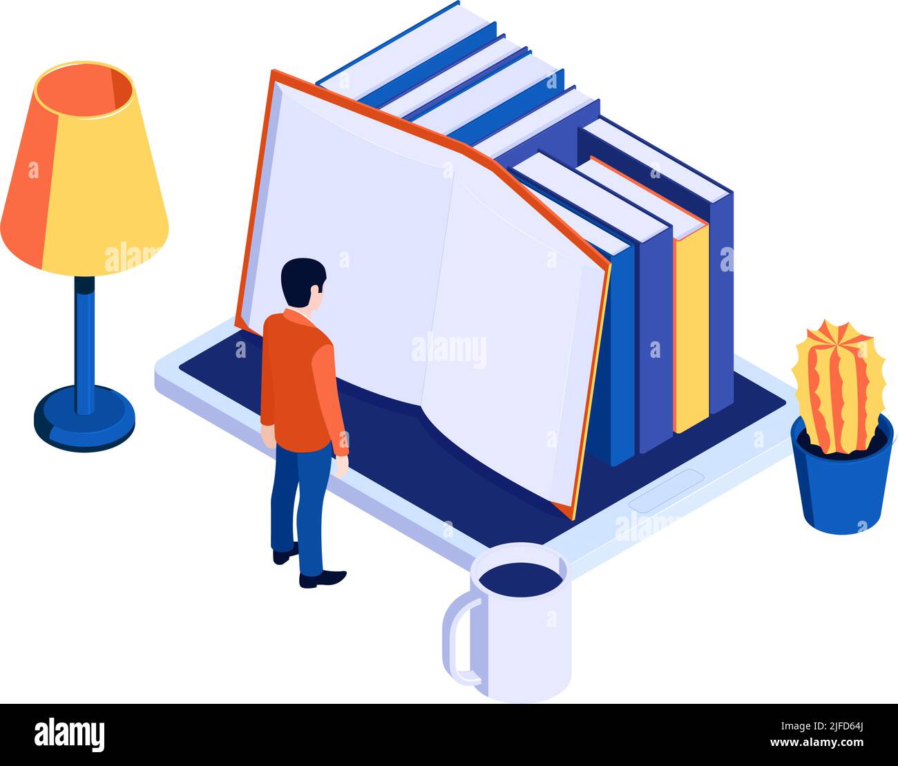 Isometric icon with character reading electronic books on tablet 3d ...