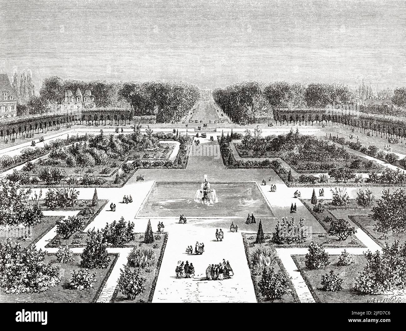 Parterre of the park and the canal, Fontainebleau palace. Seine-Et-Marne, France. Europe. The Chateau and Forest of Fontainebleau by Du Pays from Le Tour du Monde 1867 Stock Photo