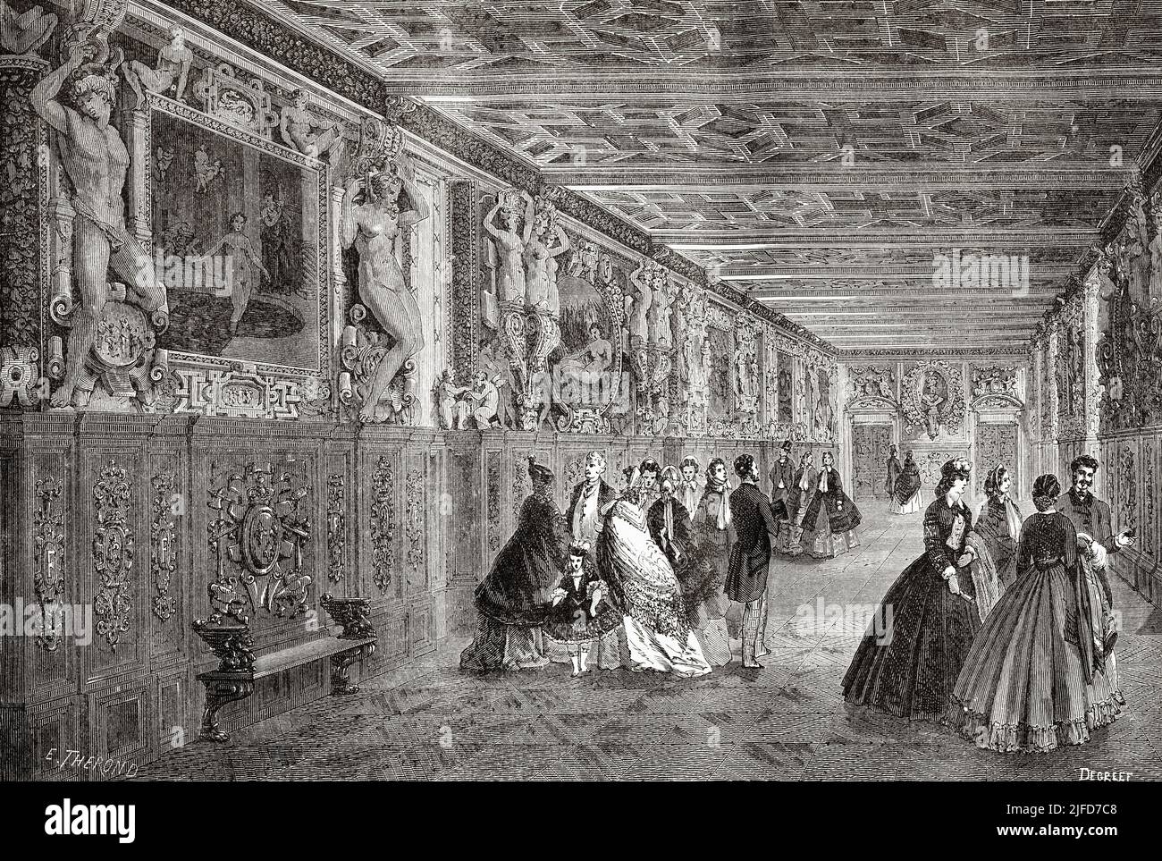 Francois I gallery, Fontainebleau palace. Seine-Et-Marne, France. Europe. The Chateau and Forest of Fontainebleau by Du Pays from Le Tour du Monde 1867 Stock Photo