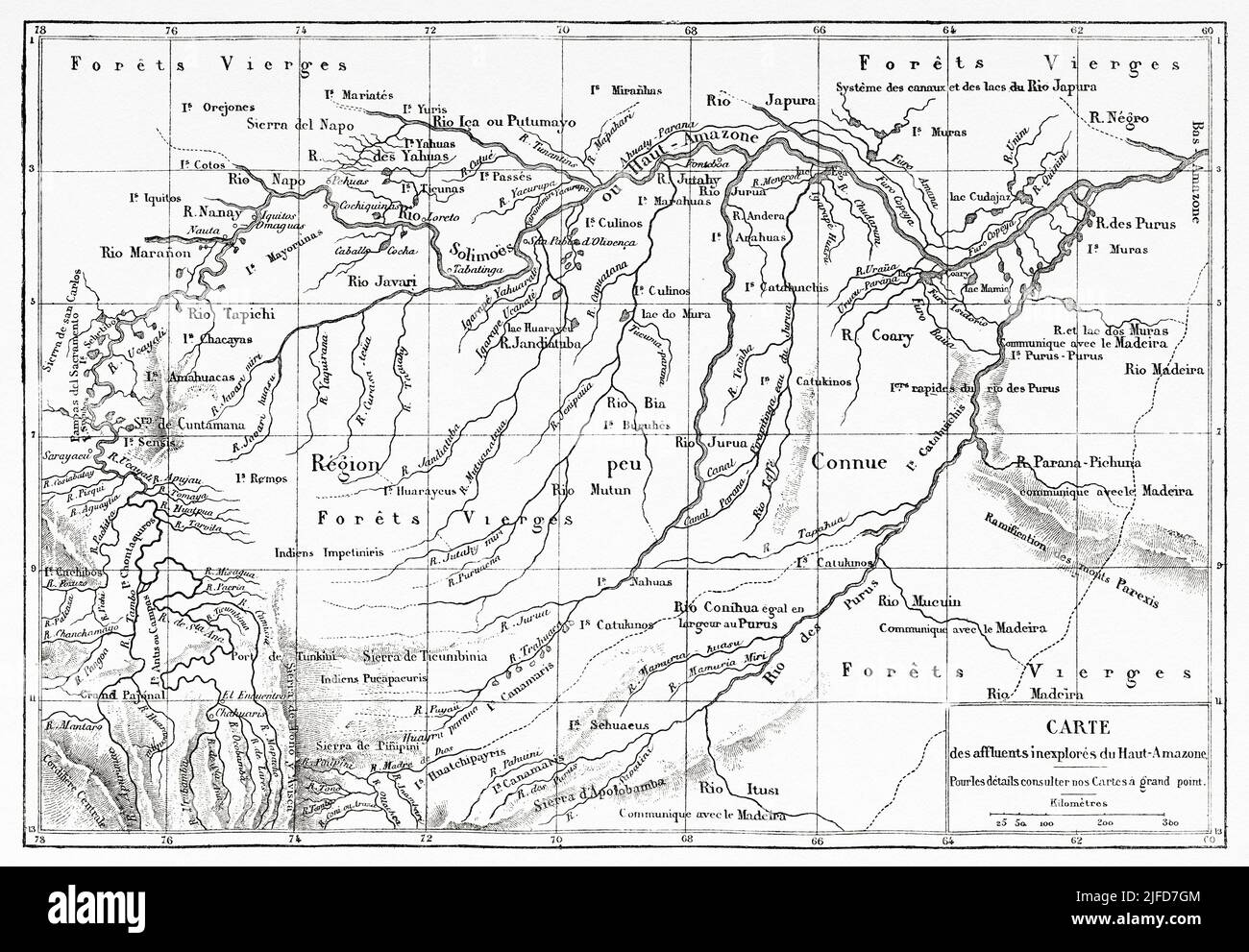 Amazon basin map, Brazil. South America. Journey through South America, from the Pacific Ocean to the Atlantic Ocean by Paul Marcoy 1848-1860 from Le Tour du Monde 1867 Stock Photo