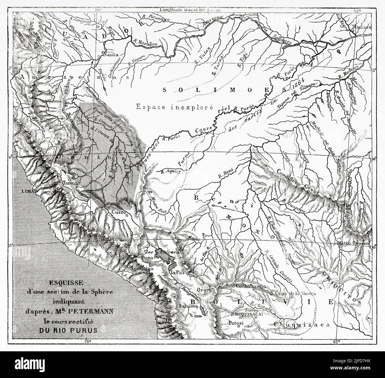 Purus river basin old map. South America. Journey through South America, from the Pacific Ocean to the Atlantic Ocean by Paul Marcoy 1848-1860 from Le Tour du Monde 1867 Stock Photo
