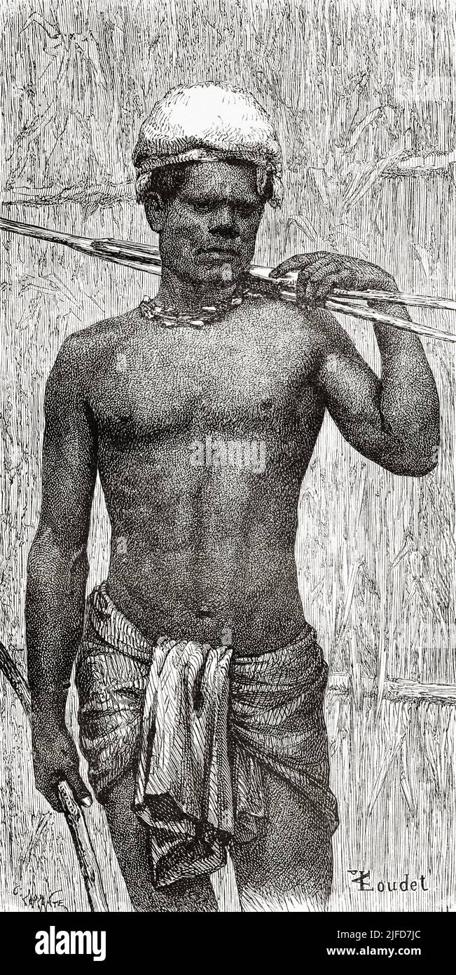 New Caledonian fisherman from Canala Bay, New Caledonia. Journey to New Caledonia by Jules Garnier 1863-1866 from Le Tour du Monde 1867 Stock Photo
