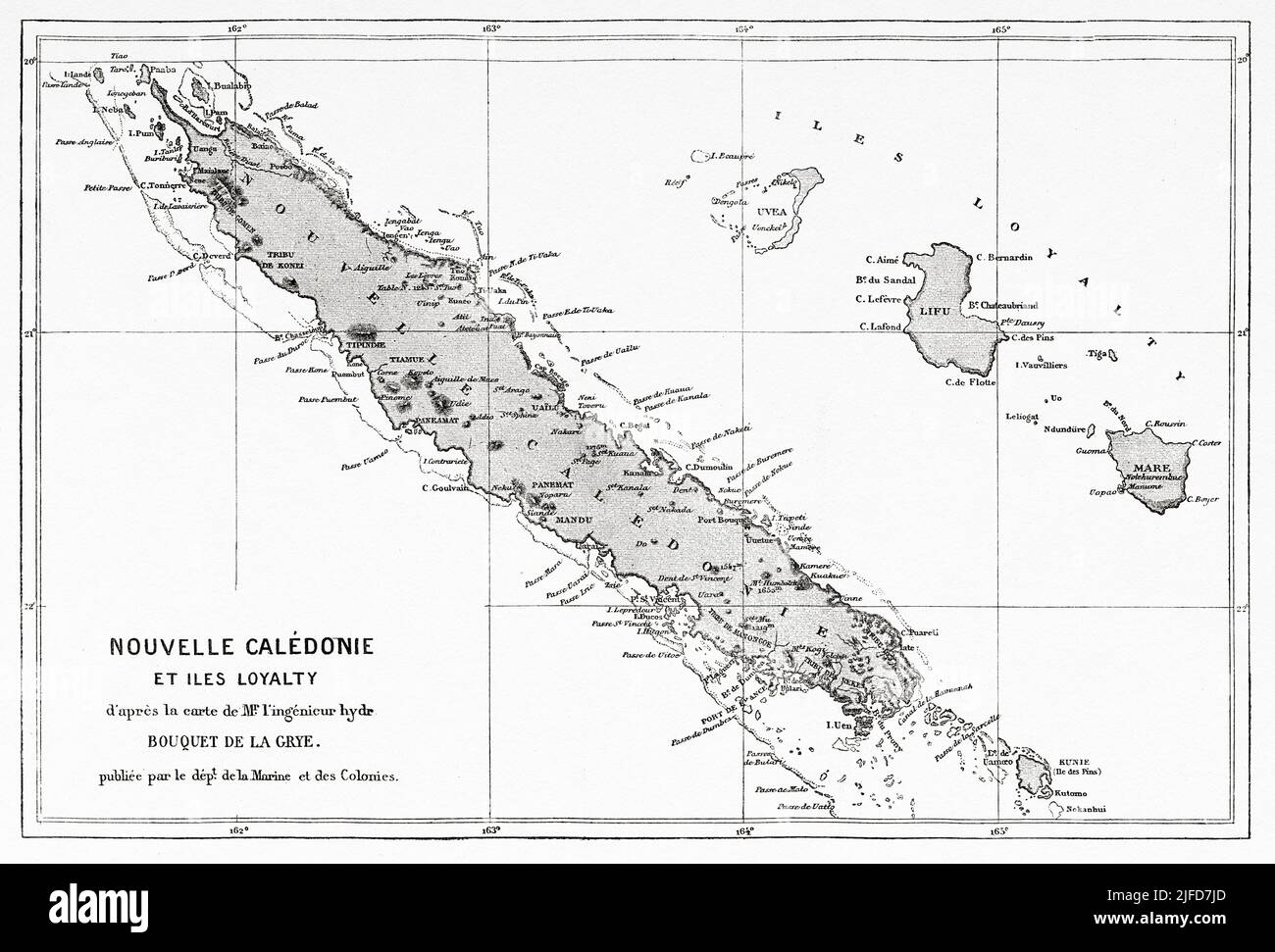 Old map of New Caledonia and Loyalty Island, New Caledonia. Journey to New Caledonia by Jules Garnier 1863-1866 from Le Tour du Monde 1867 Stock Photo