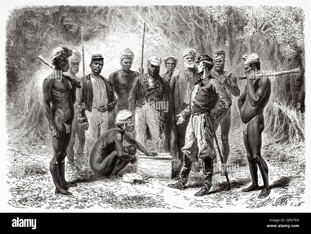 French emissary giving gifts to New Caledonian natives, New Caledonia. Journey to New Caledonia by Jules Garnier 1863-1866 from Le Tour du Monde 1867 Stock Photo
