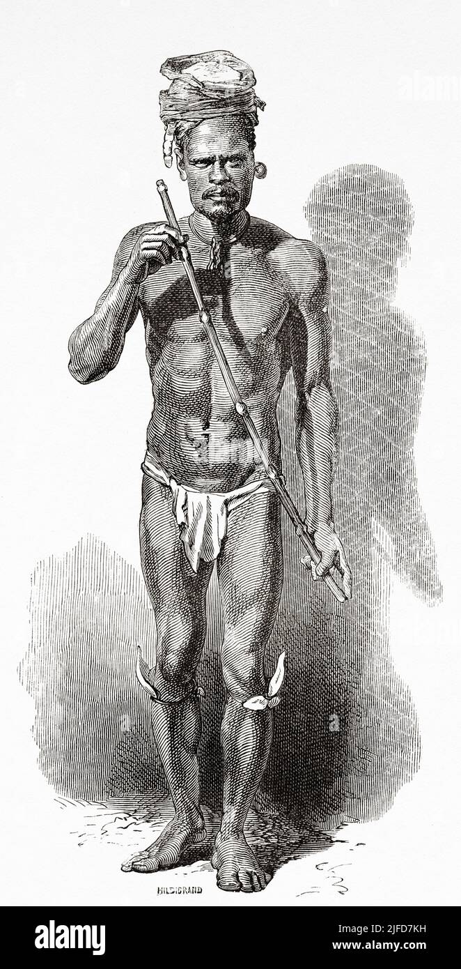 Indigenous flute player, New Caledonia. Journey to New Caledonia by Jules Garnier 1863-1866 from Le Tour du Monde 1867 Stock Photo