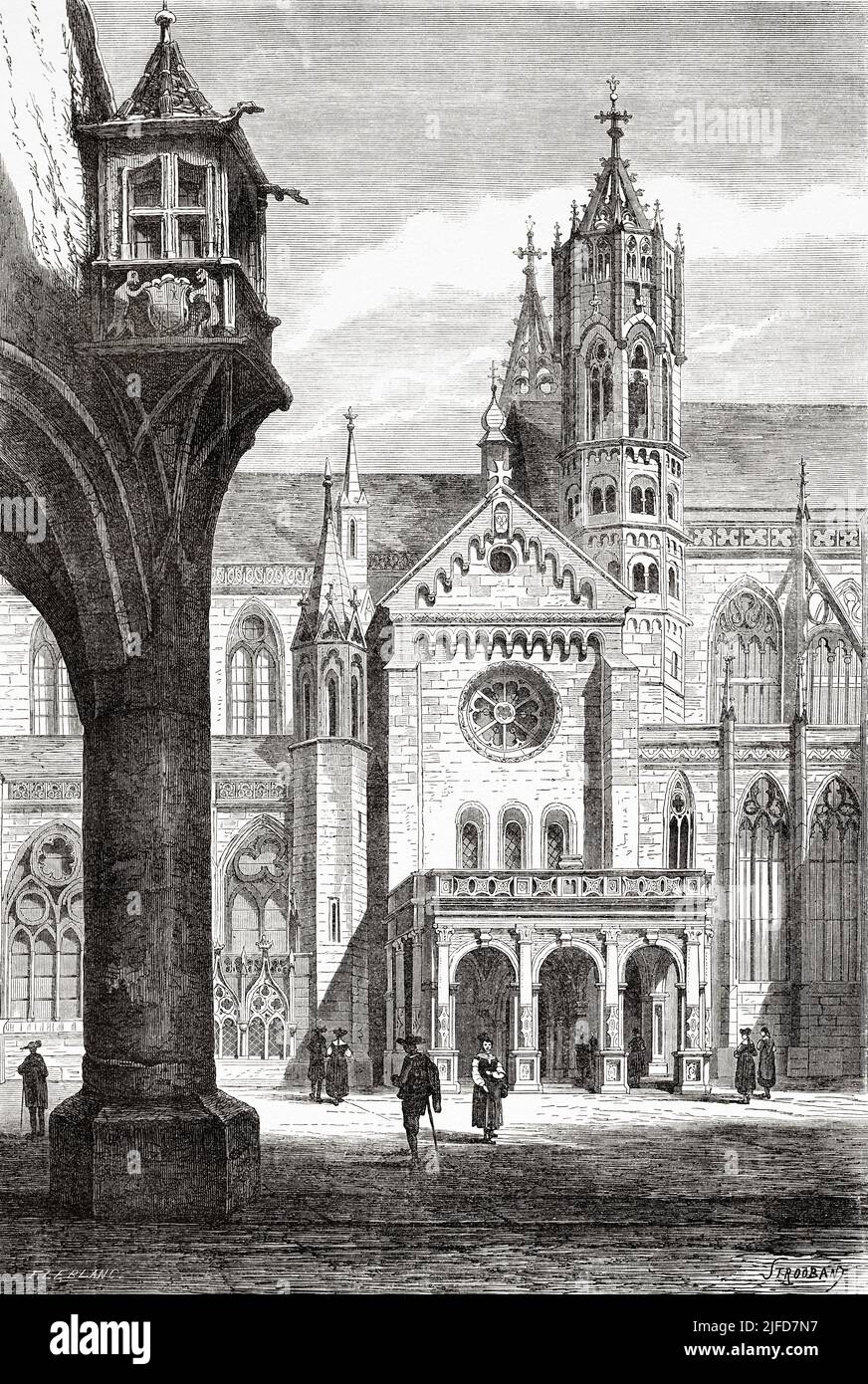 Portico of the Cathedral of Freiburg, Black Forest, State of Baden-Wurttemberg, Germany. Europe. Trip to the Black Forest by Alfred Michiels 1867 from Le Tour du Monde 1867 Stock Photo