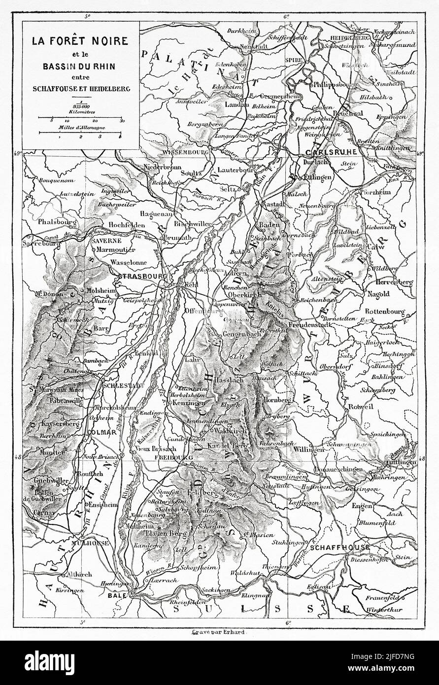 Old map. The Black Forest and the Rhine Basin in Schaffhausen and Heidelberg route, Black Forest, State of Baden-Wurttemberg, Germany. Europe. Trip to the Black Forest by Alfred Michiels 1867 from Le Tour du Monde 1867 Stock Photo