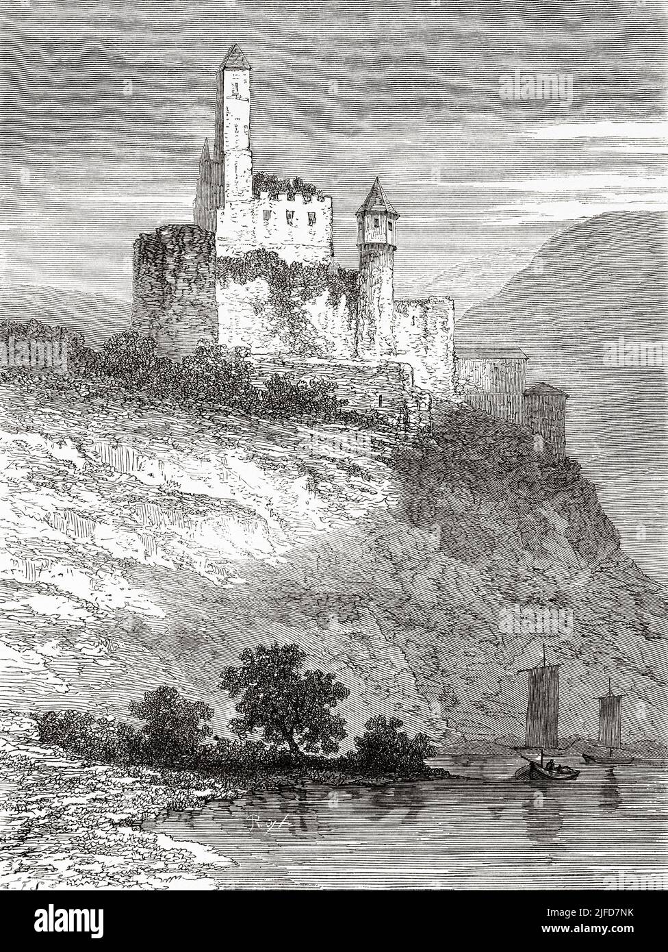 Hornberg castle on the Neckar river, Black Forest, State of Baden-Wurttemberg, Germany. Europe. Trip to the Black Forest by Alfred Michiels 1867 from Le Tour du Monde 1867 Stock Photo