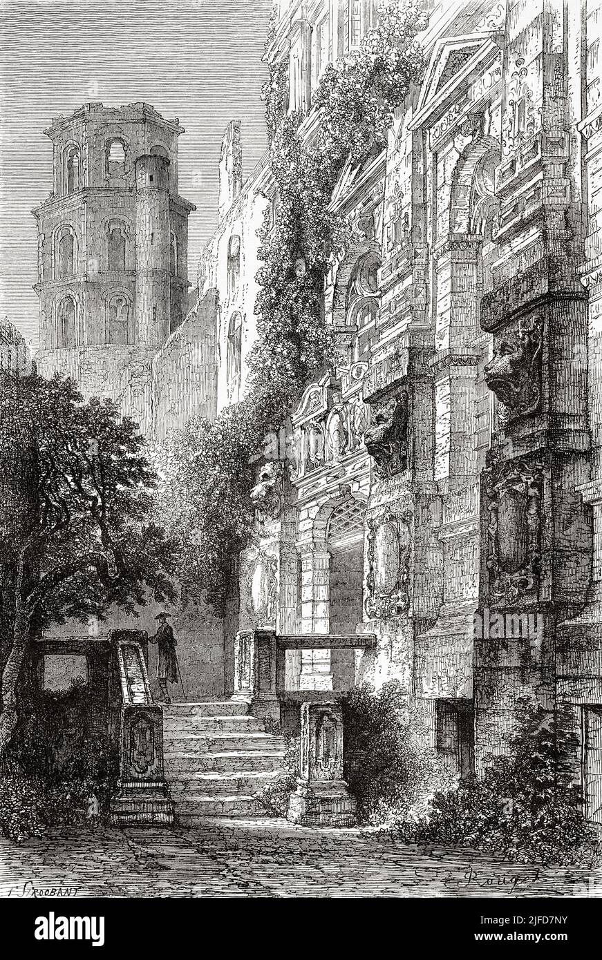 Entrance to Heidelberg castle, Black Forest, State of Baden-Wurttemberg, Germany. Europe. Trip to the Black Forest by Alfred Michiels 1867 from Le Tour du Monde 1867 Stock Photo