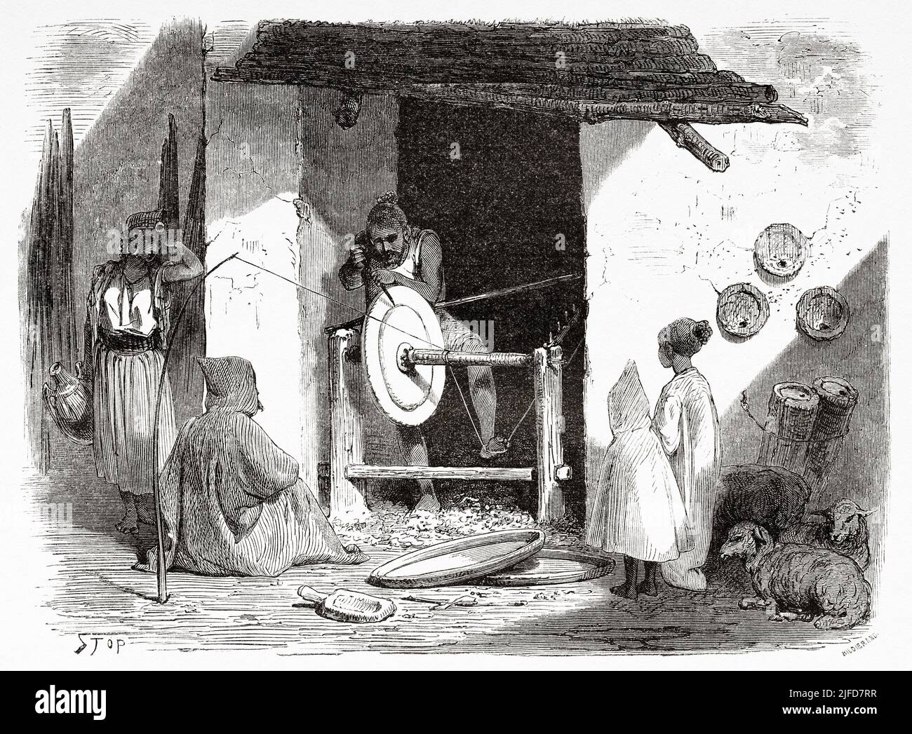 Kabyle lathe turner, Kabylia. Northern Algeria, Africa. Excursion in Great Kabylia by Commander Emile Duhousset 1864 from Le Tour du Monde 1867 Stock Photo