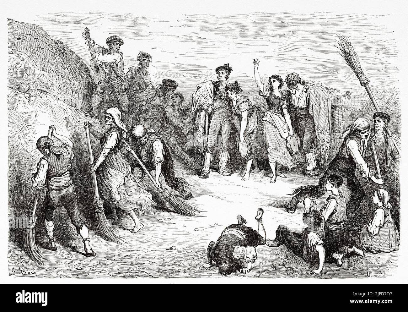 La Mancha Seguidilla or money-dance. Traditional dance improvised by the people of the town in the cleaning tasks, Spain. Europe. Travels in Spain by Gustave Dore and Jean Charles Davillier from Le Tour du Monde 1867 Stock Photo