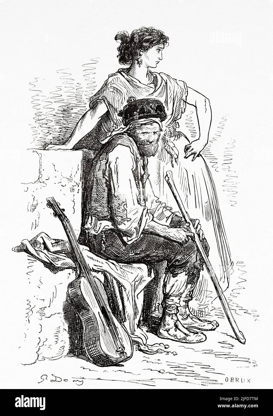 Manchego guitarist and Albacete dancer, Castilla La Mancha, Spain. Europe. Travels in Spain by Gustave Dore and Jean Charles Davillier from Le Tour du Monde 1867 Stock Photo