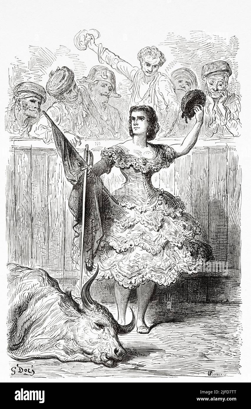 Teresa Bolsi, Andalusian bullfighter, Andalusia, Spain. Europe. Travels in Spain by Gustave Dore and Jean Charles Davillier from Le Tour du Monde 1867 Stock Photo
