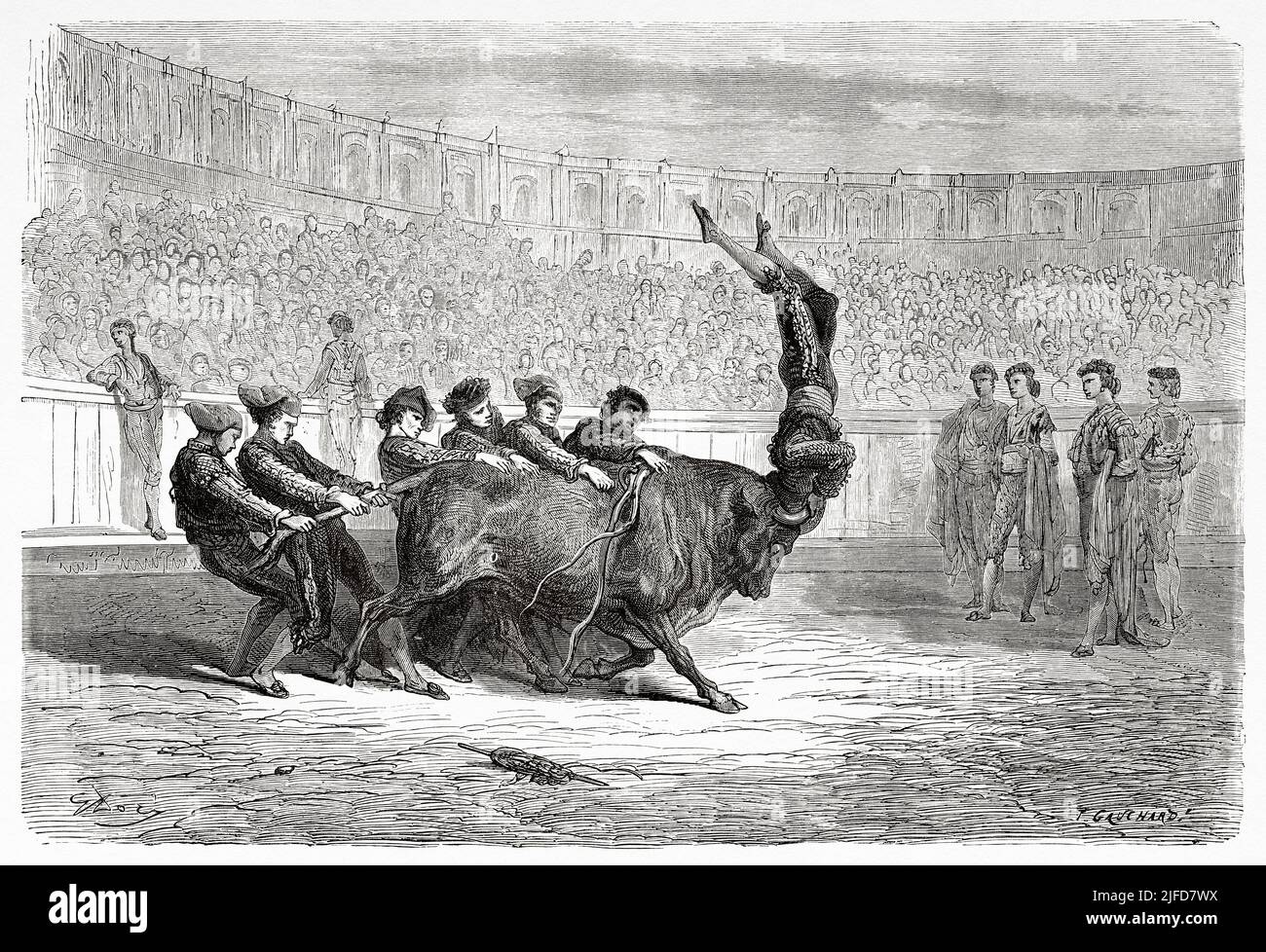 Los pegadores, portuguese bullfighting in Seville bullring. Andalusia, Spain. Europe. Travels in Spain by Gustave Dore and Jean Charles Davillier from Le Tour du Monde 1867 Stock Photo