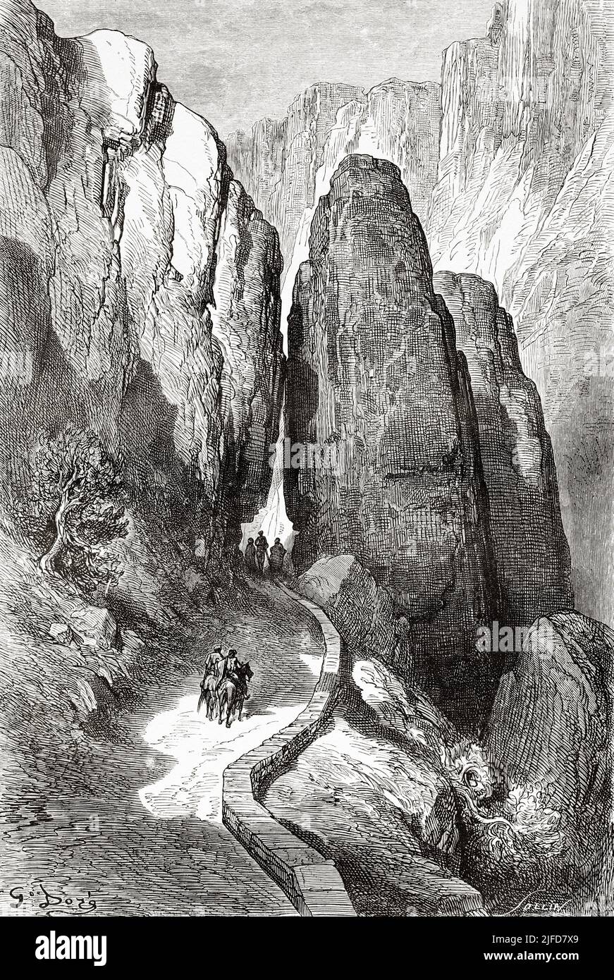 Despeñaperros gorge in Sierra Morena, Jaen. Andalusia, Spain. Europe. Travels in Spain by Gustave Dore and Jean Charles Davillier from Le Tour du Monde 1867 Stock Photo