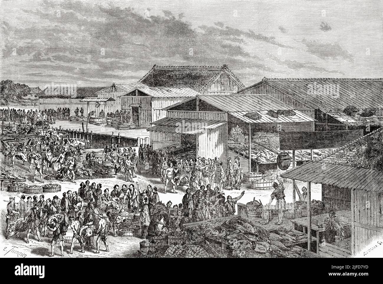 Fish market, Tokyo. Japan, Asia. Journey to Japan by Aime Humbert 1863-1864 from Le Tour du Monde 1867 Stock Photo