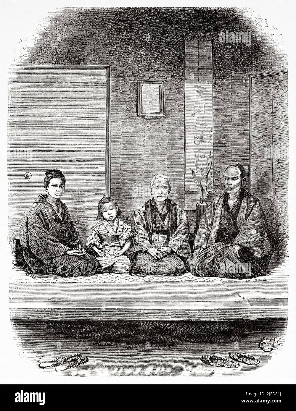 Merchants family, Tokyo. Japan, Asia. Journey to Japan by Aime Humbert 1863-1864 from Le Tour du Monde 1867 Stock Photo