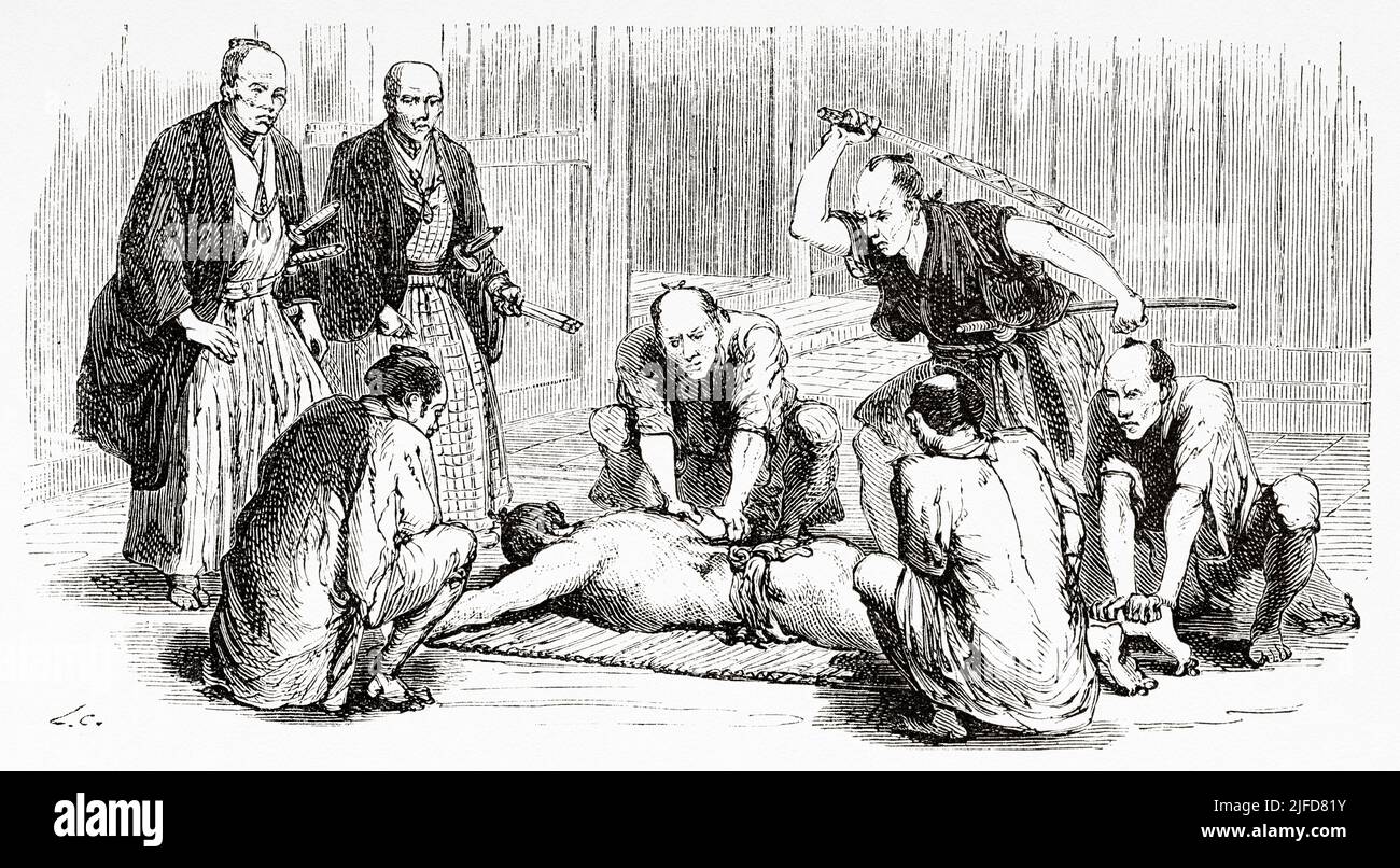 Flogging applied to a defendant in the presence of the governor and the prison doctor, Tokyo. Japan, Asia. Journey to Japan by Aime Humbert 1863-1864 from Le Tour du Monde 1867 Stock Photo