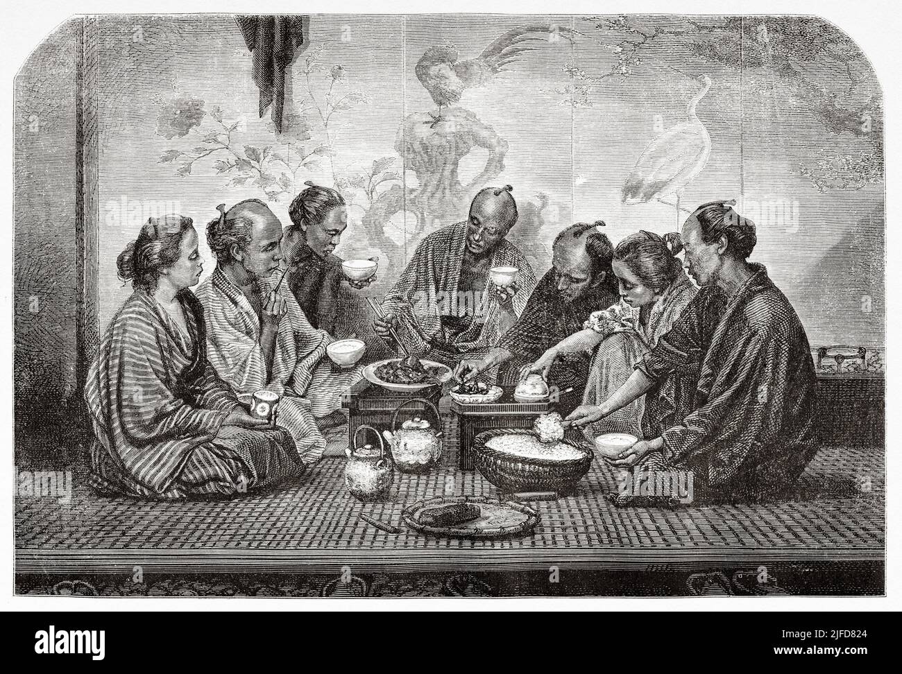 The dinner of a bourgeois family, Tokyo. Japan, Asia. Journey to Japan by Aime Humbert 1863-1864 from Le Tour du Monde 1867 Stock Photo