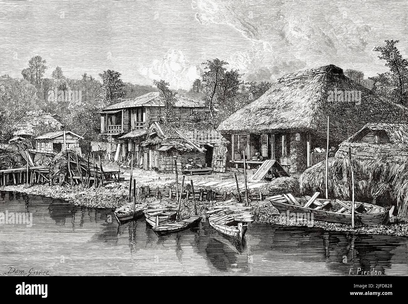 Dwellings of poor craftsmen on the Omoura Canal, Tokio. Japan, Asia. Journey to Japan by Aime Humbert 1863-1864 from Le Tour du Monde 1867 Stock Photo