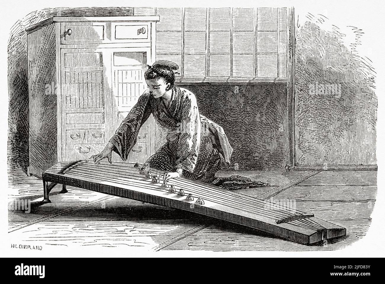 Japanese musician gril playing a koto, Japanese stringed musical instrument. Japan, Asia. Journey to Japan by Aime Humbert 1863-1864 from Le Tour du Monde 1867 Stock Photo