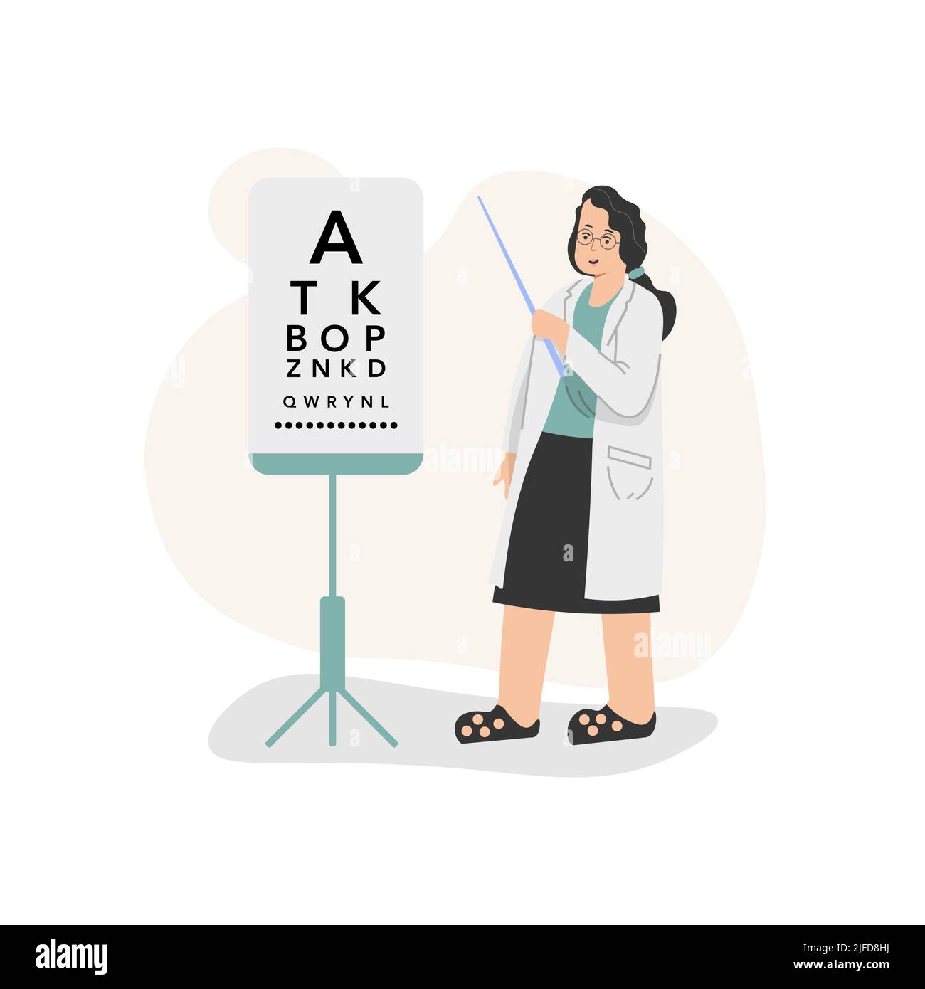 The optometrist stands with a pointer and points to a stand to test vision Stock Vector