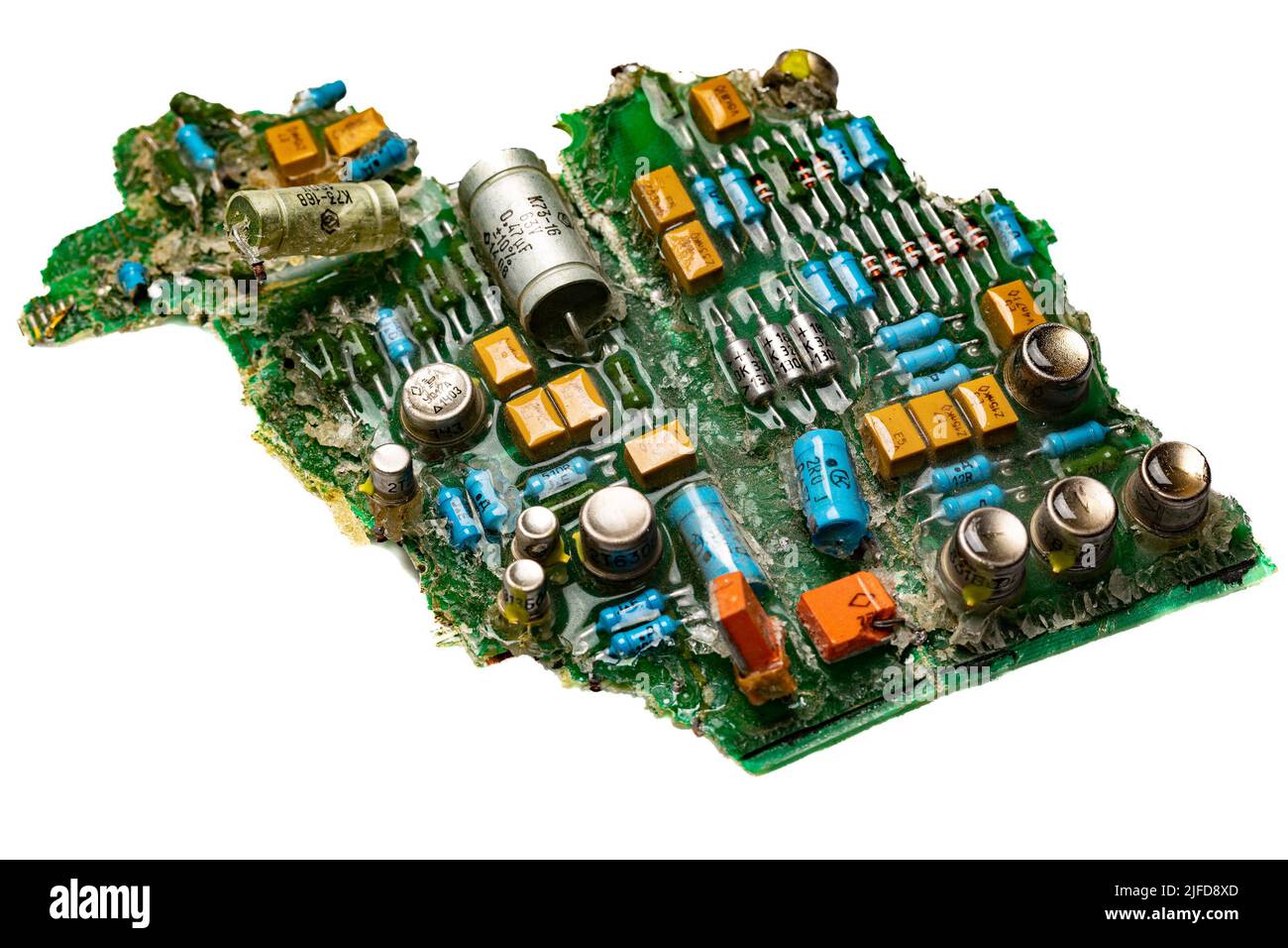 Fragments of the Russian-made Kh-22 anti-ship cruise missile. Debris of electronic boards with electronic components from the Cold War era. Stock Photo