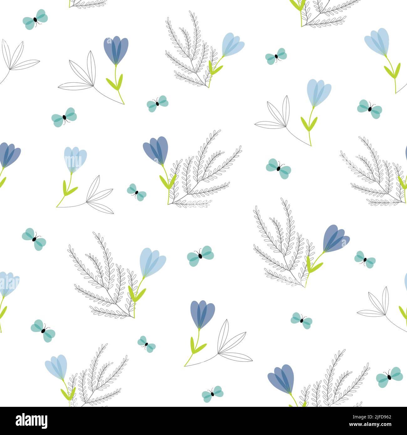 Vector blue floral garden with shrubs and butterflies. Cute seamless repeat pattern background. Elegant hand drawn illustration. Stock Vector