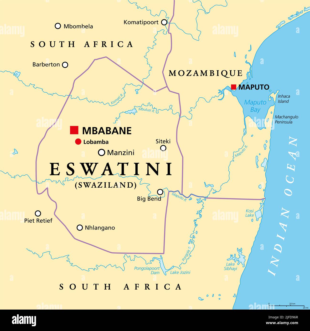 Eswatini, formerly named Swaziland, political map, with the capitals Mbabane and Lobamba. Landlocked country in Southern Africa. Stock Photo